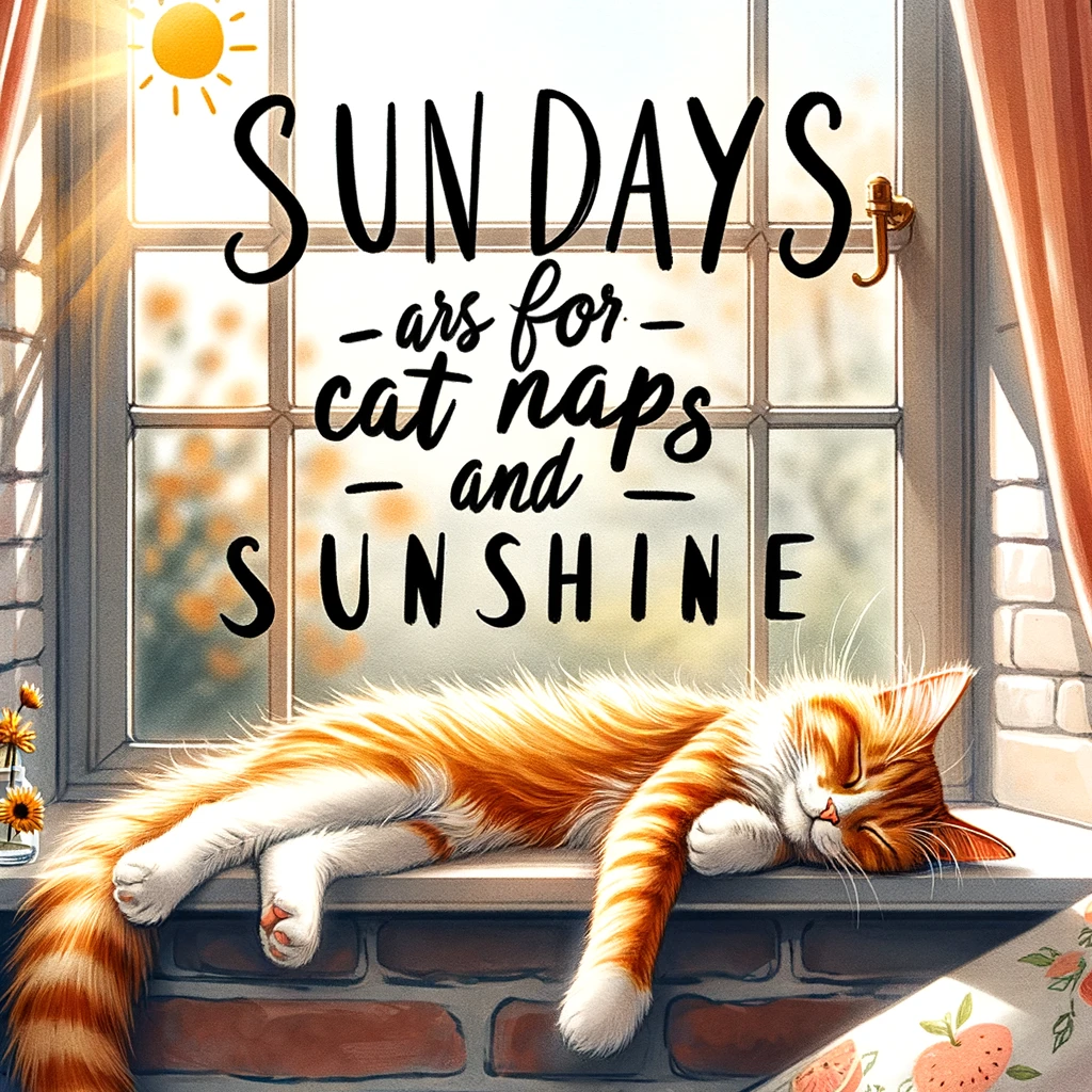 A cozy, bright Sunday morning scene with a cat stretching on a sunny windowsill. The caption reads: "Sundays are for cat naps and sunshine."