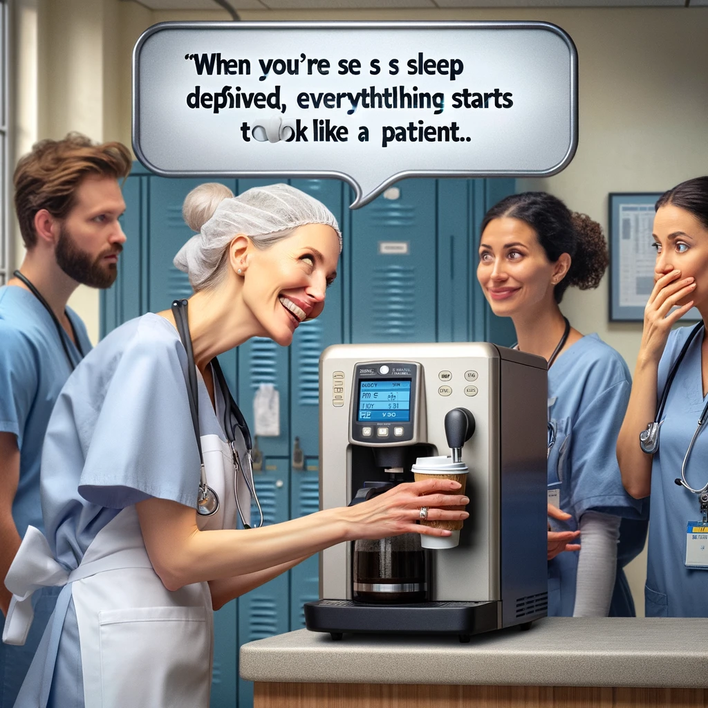 A nurse talking to a coffee machine as if it's a patient, with dreamy eyes and a blissful smile. Other nurses look on, amused and concerned. The setting is a hospital break room, highlighting the exhaustion and surreal experiences of long shifts. The nurse's interaction with the coffee machine, treating it with the care and attention given to patients, humorously illustrates the effects of sleep deprivation. Caption: "When you're so sleep deprived, everything starts to look like a patient."