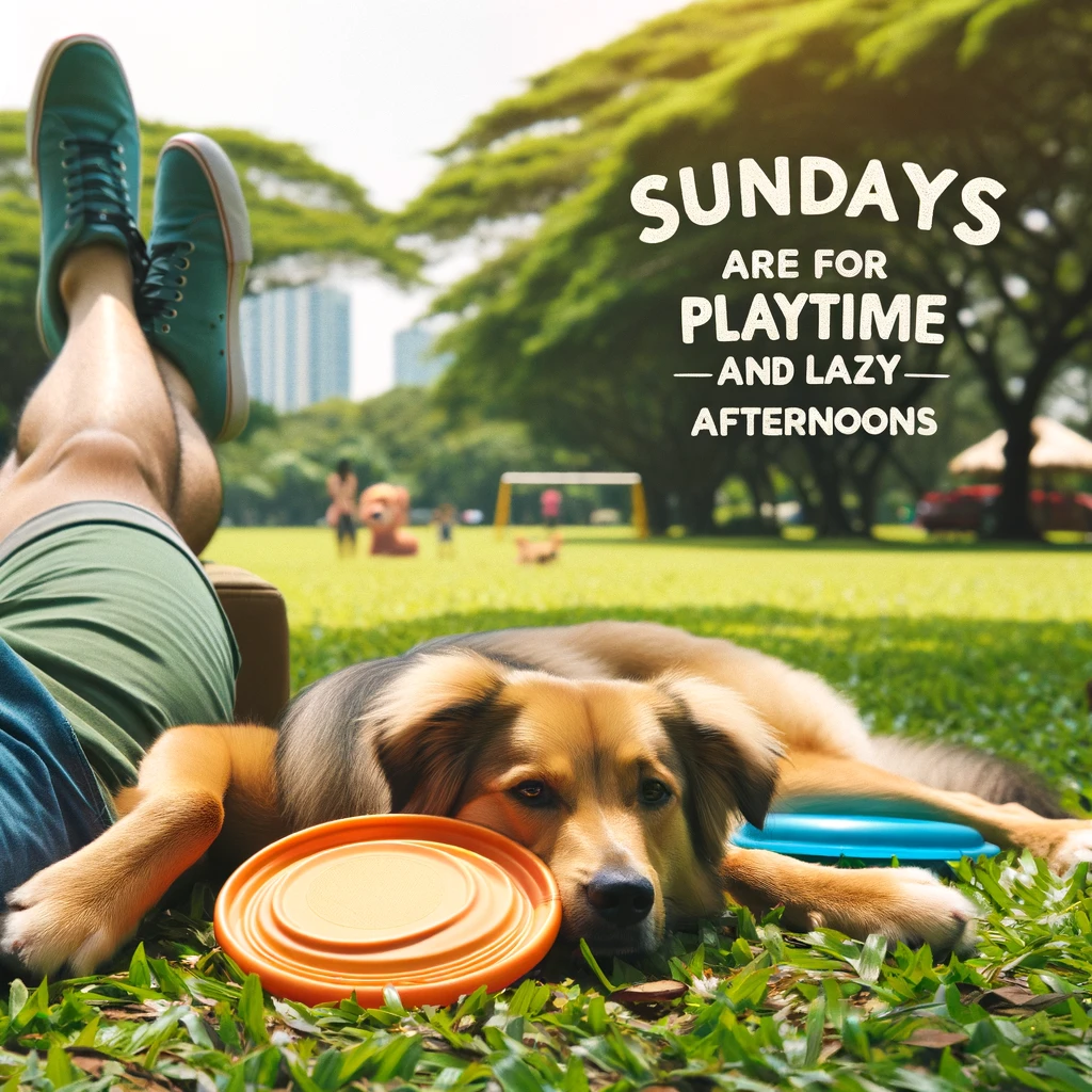 A relaxed Sunday afternoon in the park, a dog lying on the grass with a frisbee next to it. The caption reads: "Sundays are for playtime and lazy afternoons."