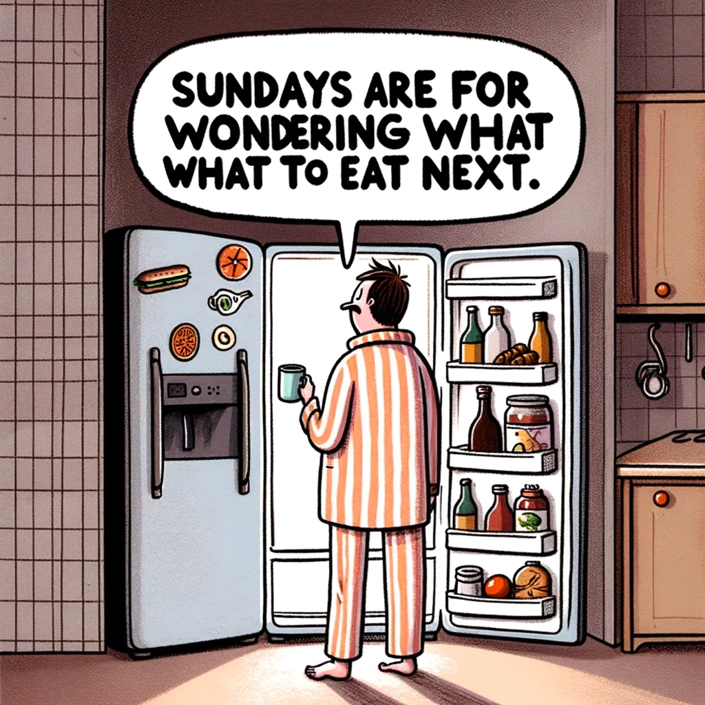 A humorous image of a person in pajamas holding a coffee mug, standing in front of an open fridge. The caption reads: "Sundays are for wondering what to eat next."
