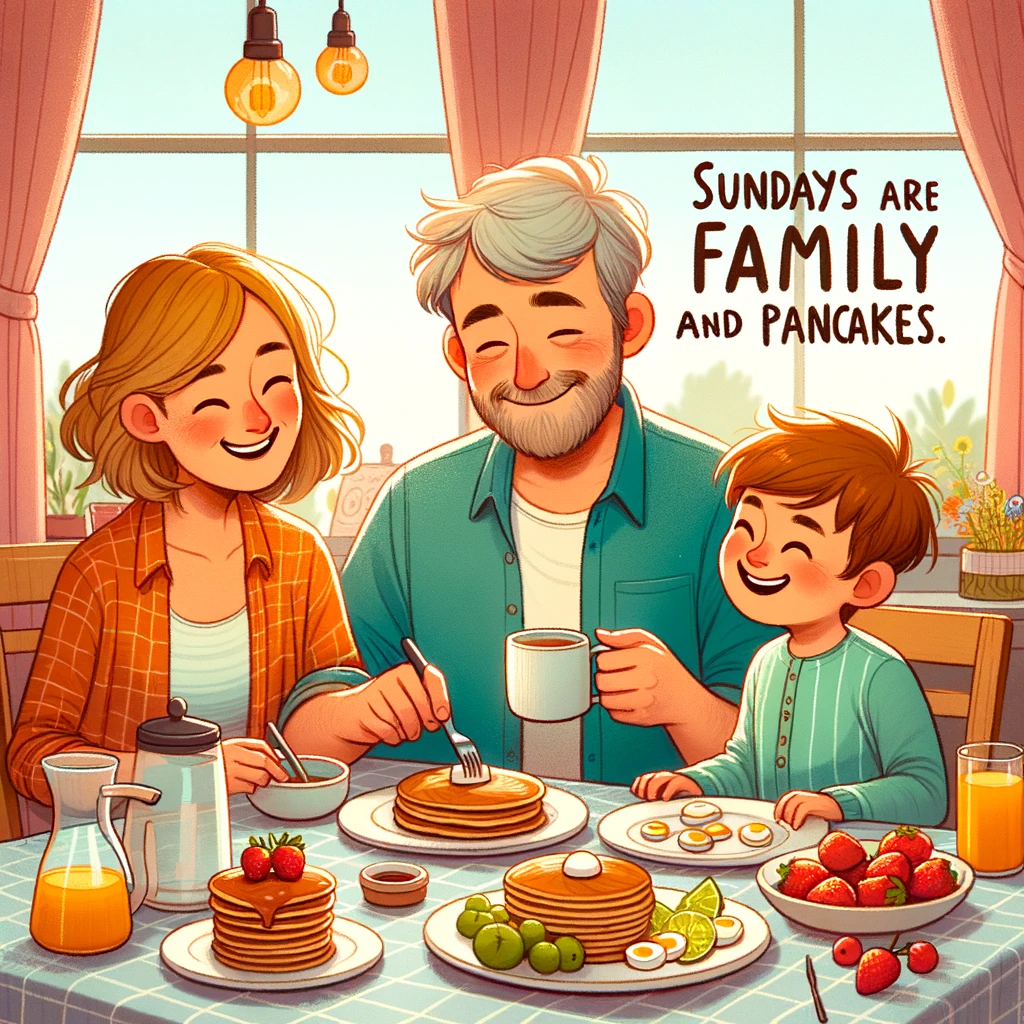 A heartwarming scene of a family having breakfast together on a Sunday morning. The caption reads: "Sundays are for family and pancakes."