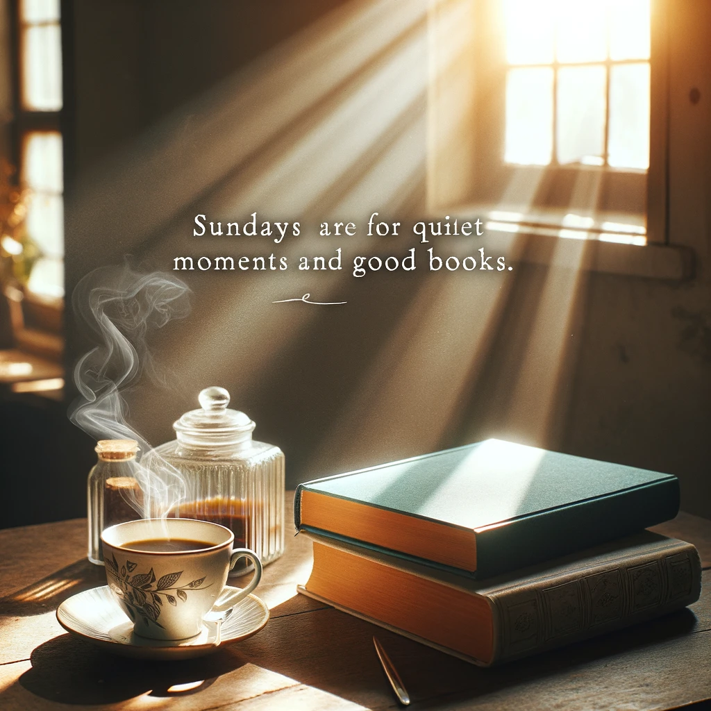 A serene scene of a book and a steaming cup of coffee on a table with morning light streaming through a nearby window. The caption reads: "Sundays are for quiet moments and good books."
