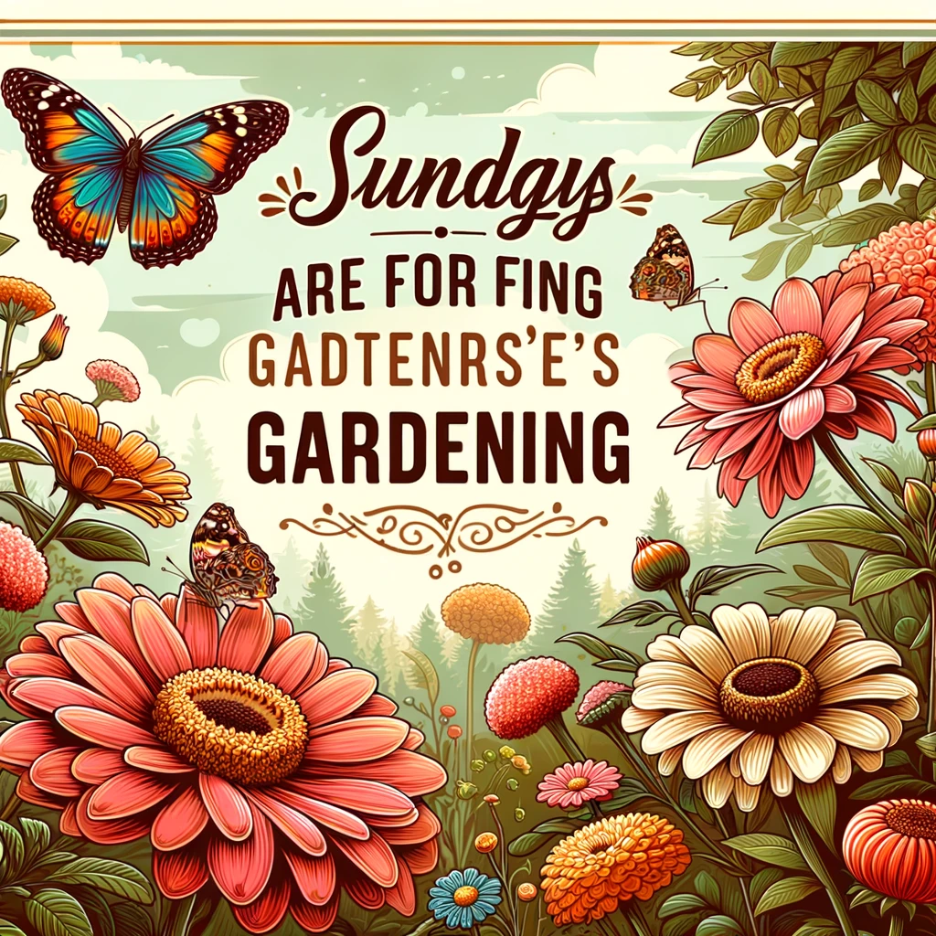 An image of a garden with blooming flowers and a butterfly landing on a petal. The caption reads: "Sundays are for gardening and admiring nature's beauty."