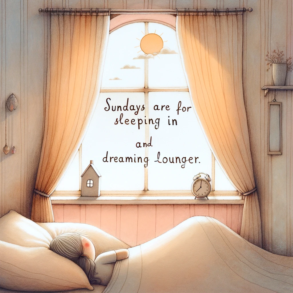 A whimsical image of a person sleeping in late with the curtains partially drawn, soft morning light filling the room. The caption reads: "Sundays are for sleeping in and dreaming longer."