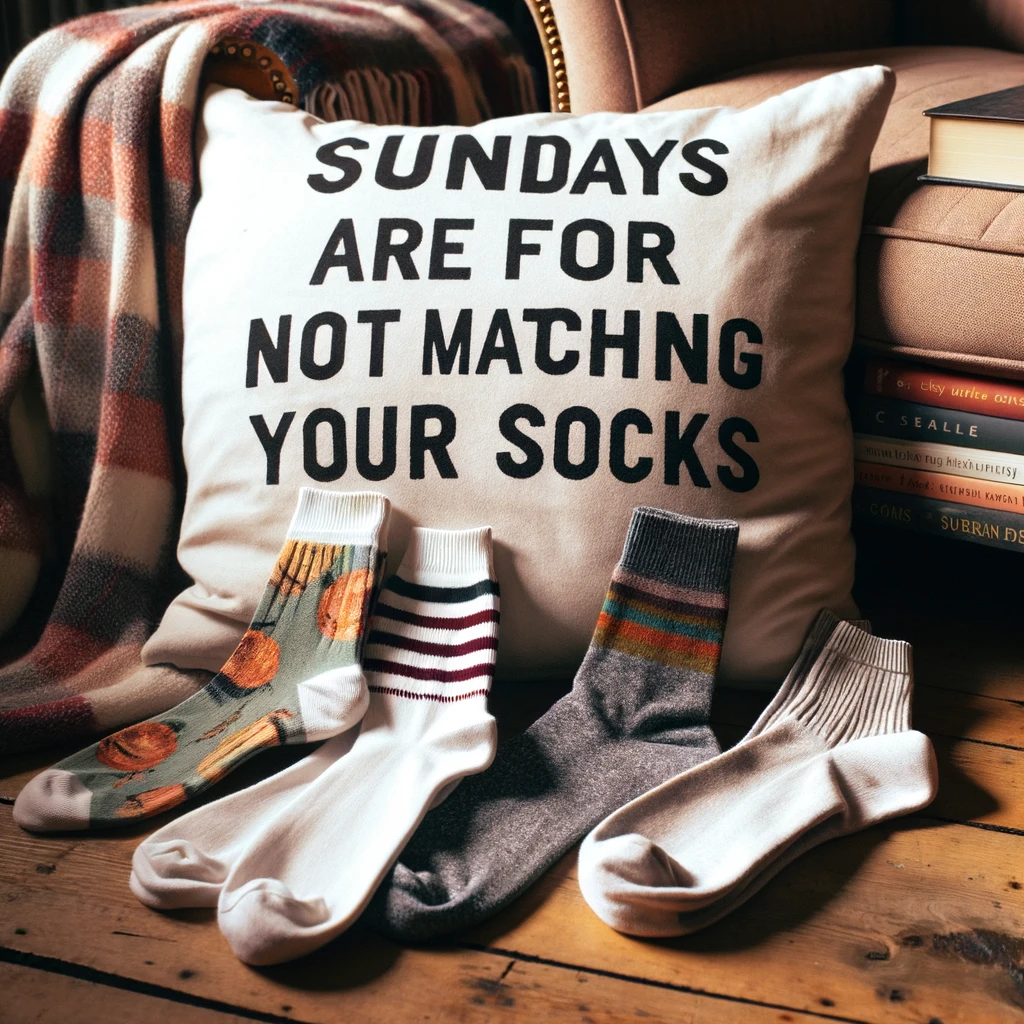 A humorous image of socks mismatched on purpose, lying next to a cozy armchair and a stack of books. The caption reads: "Sundays are for not matching your socks."