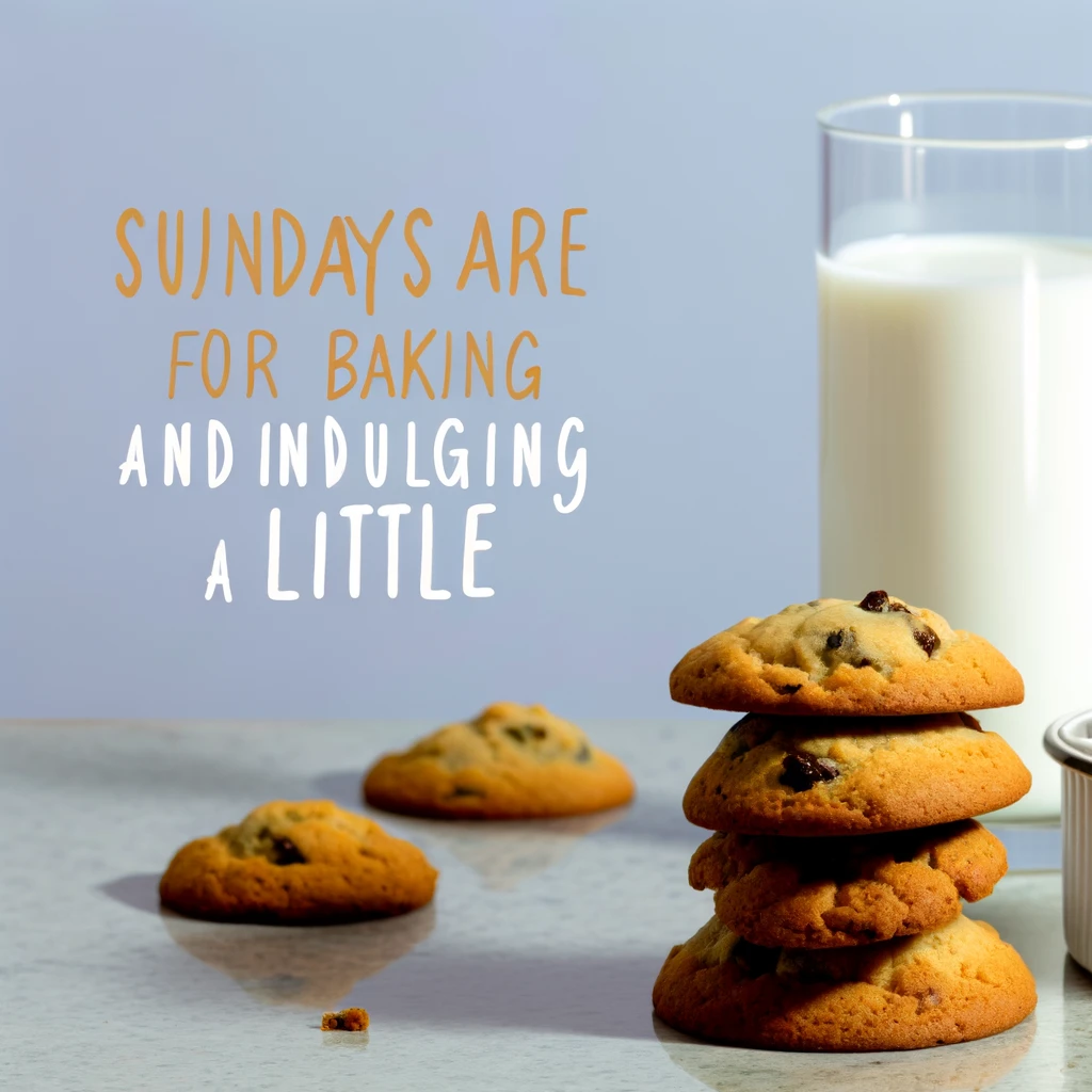A delightful image of a small stack of freshly baked cookies next to a glass of milk on a kitchen counter. The caption reads: "Sundays are for baking and indulging a little."