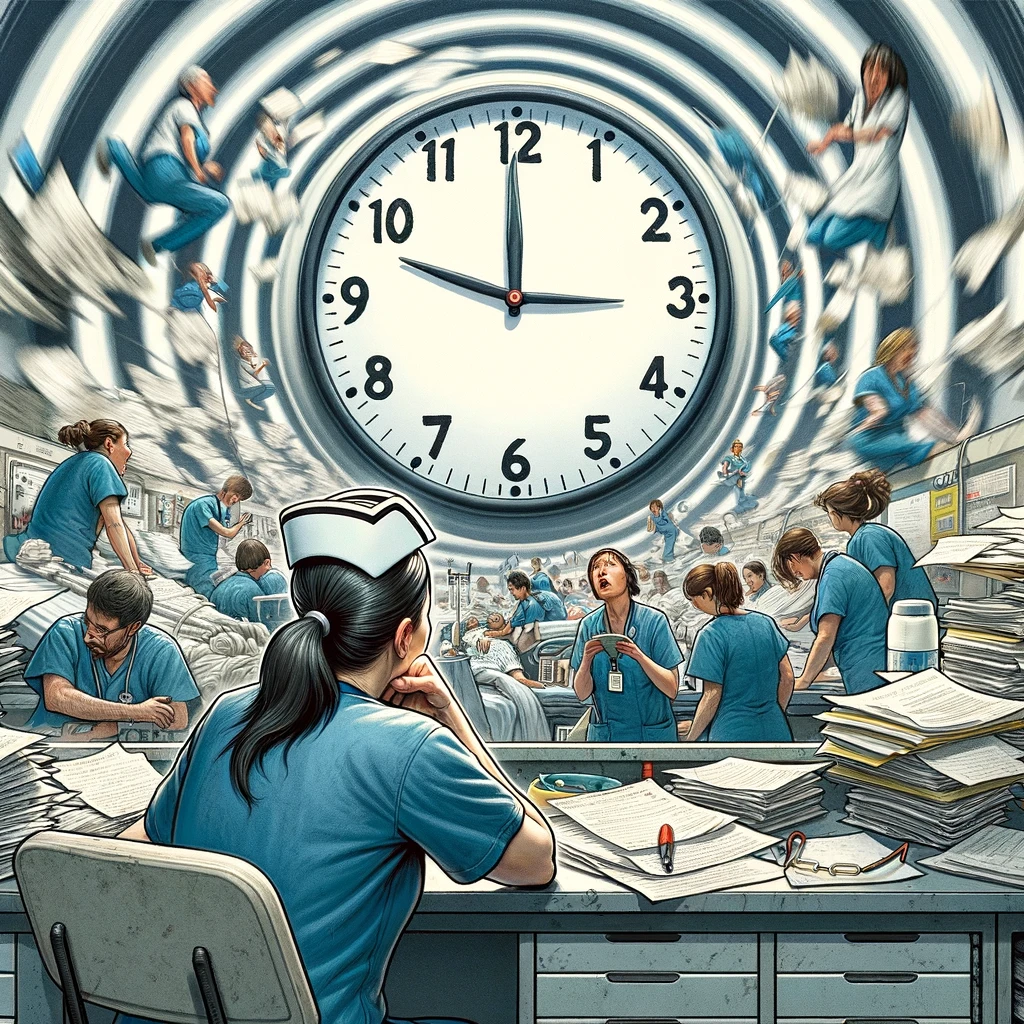 Illustrate an exhausted nurse staring at a large clock, the clock's hands spinning rapidly in a blur. In the chaotic background, visualize a mix of patients in various states of distress, heaps of paperwork cluttering every surface, and colleagues in the midst of asking a multitude of questions. The scene is a hyperbolic representation of a hospital ward during a particularly busy shift. Include a caption at the bottom of the image: "When your 12-hour shift feels like a time loop." The artwork should capture the frenetic energy and overwhelming atmosphere of a never-ending nursing shift.