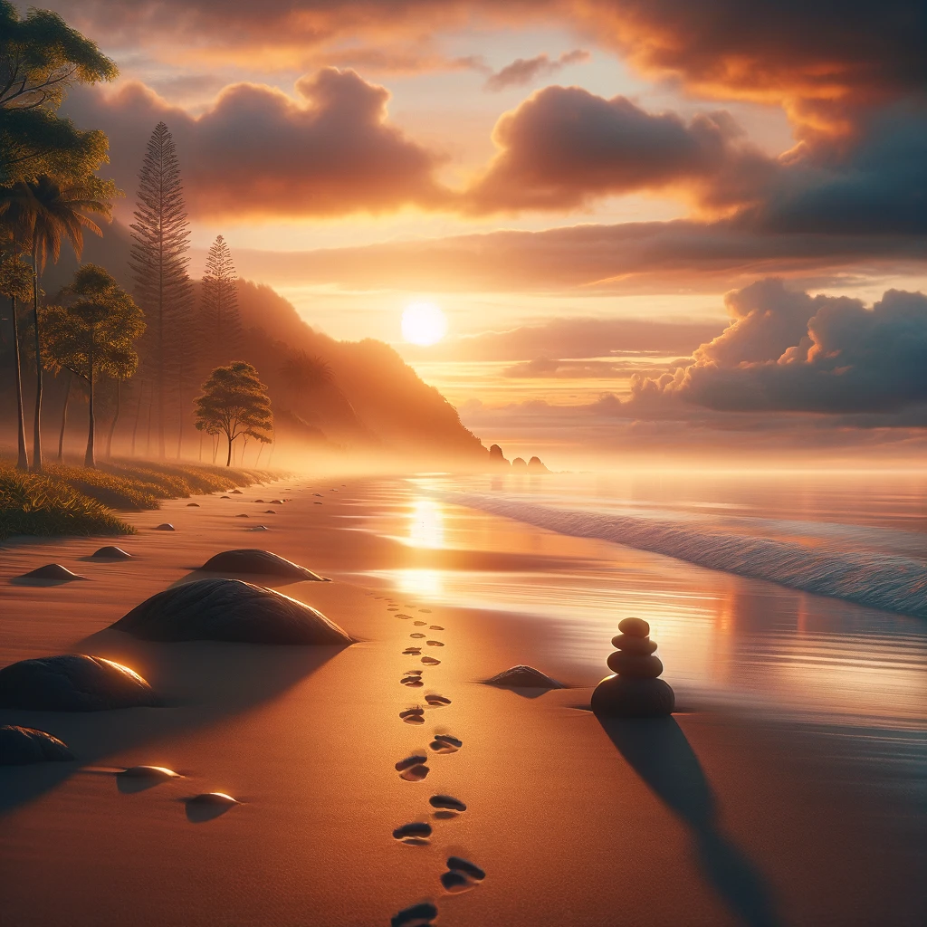 A peaceful image of an empty beach at sunrise, with the caption: "Sundays are for early morning walks and finding peace."
