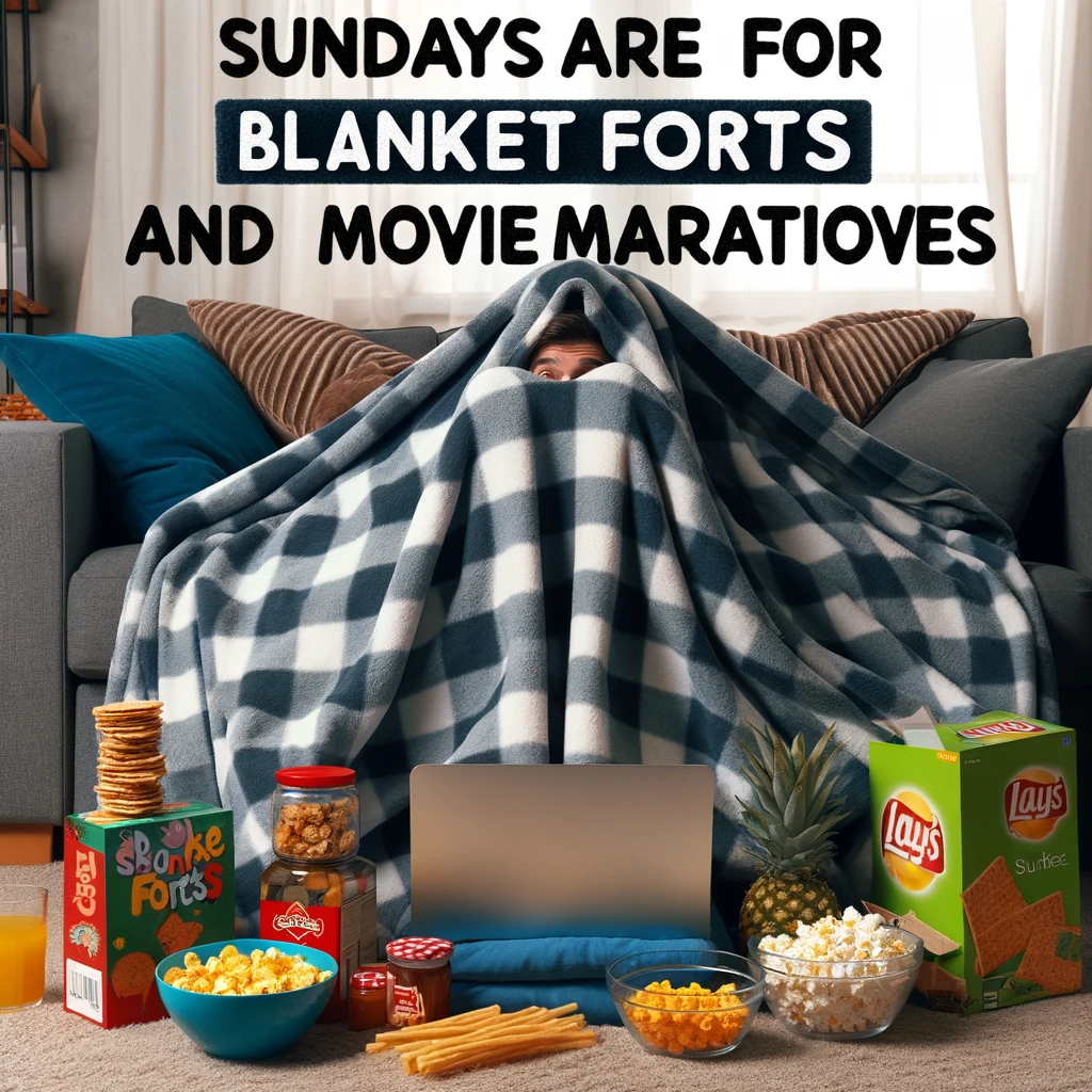 A comical image of a person covered in blanket forts in the living room, surrounded by snacks and a laptop. The caption reads: "Sundays are for blanket forts and movie marathons."