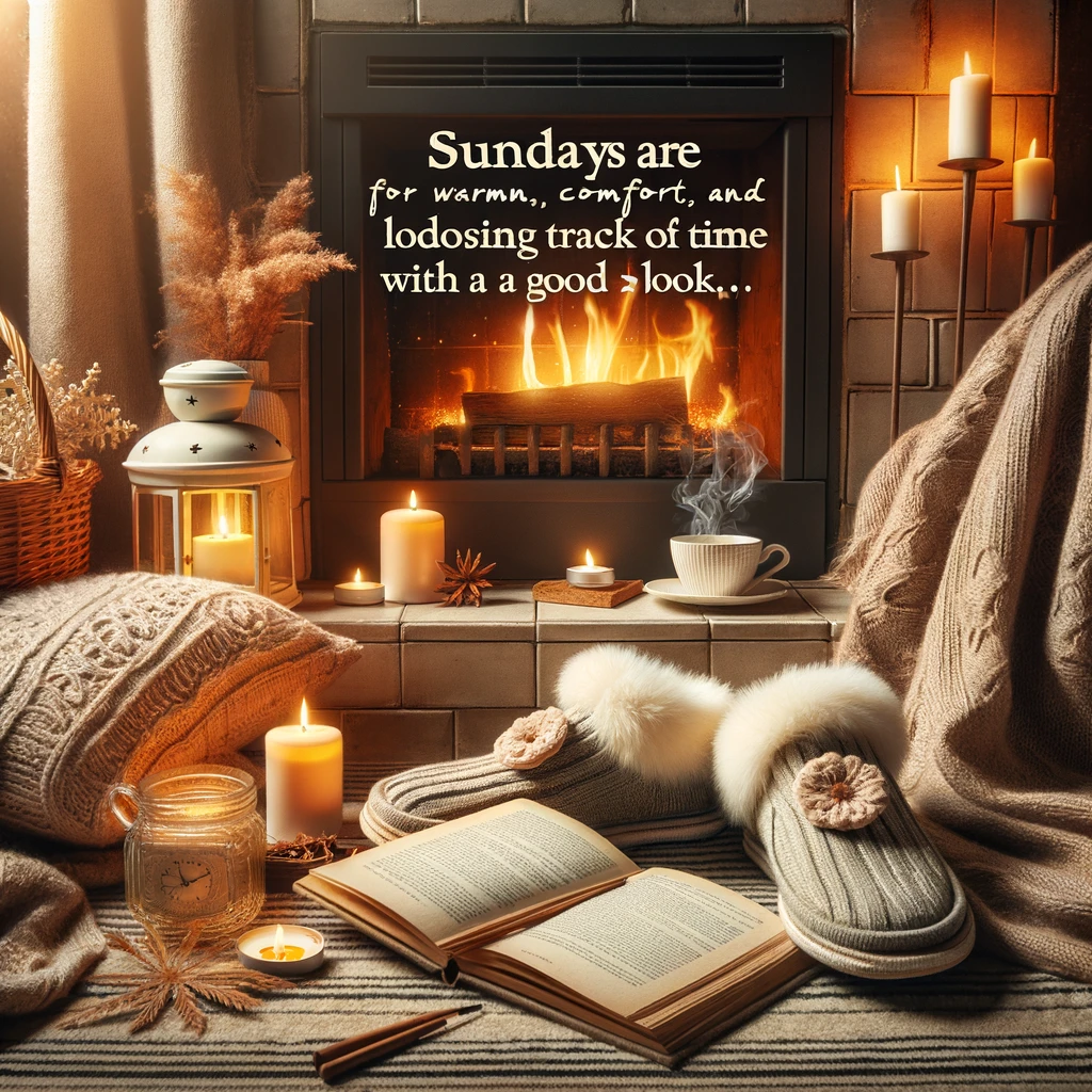 A cozy image of a warm fireplace with a pair of slippers in front, a book and a cup of tea on the side. The caption reads: "Sundays are for warmth, comfort, and losing track of time with a good book."
