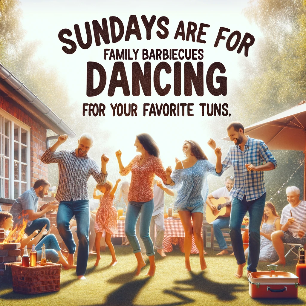 A joyful image of people dancing and enjoying music at a small backyard gathering. The caption reads: "Sundays are for family barbecues and dancing to your favorite tunes."