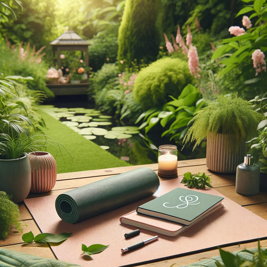 A calming image of a yoga mat laid out in a peaceful garden, surrounded by greenery. The caption reads: "Sundays are for yoga and reconnecting with yourself in nature."