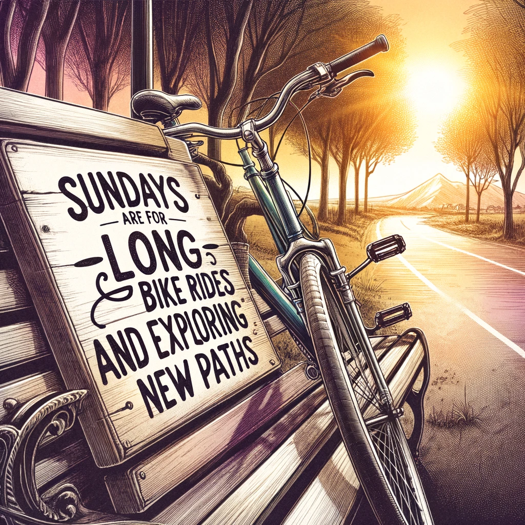 An energizing image of a bicycle leaning against a park bench, with a scenic route in the background. The caption reads: "Sundays are for long bike rides and exploring new paths."