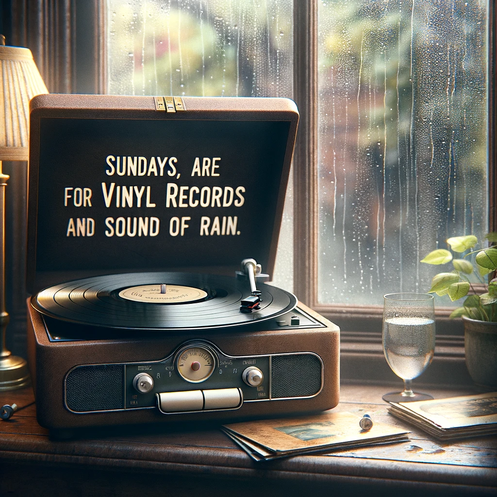 A nostalgic image of a vinyl record player with a classic album on, next to a window with raindrops. The caption reads: "Sundays are for vinyl records and the sound of rain."