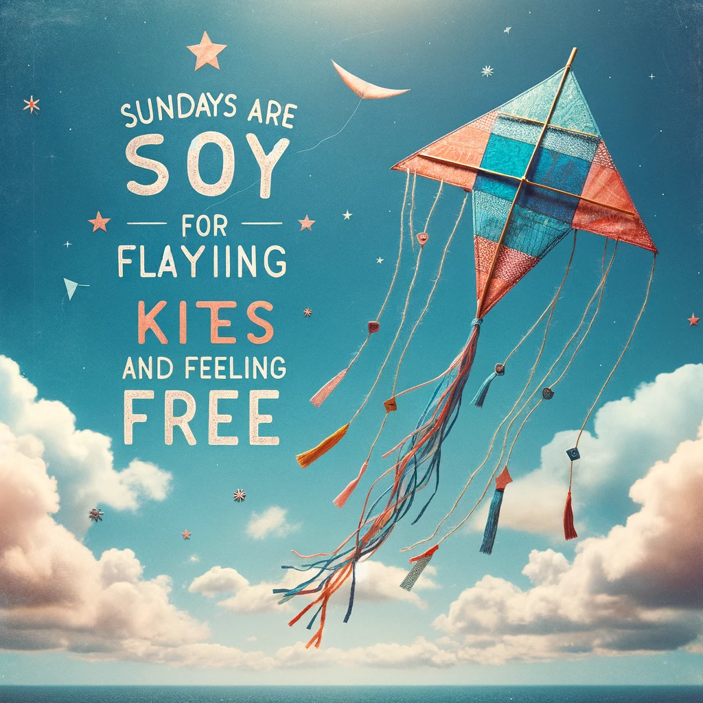 A whimsical image of a homemade kite flying high in a clear blue sky, with the caption: "Sundays are for flying kites and feeling free."