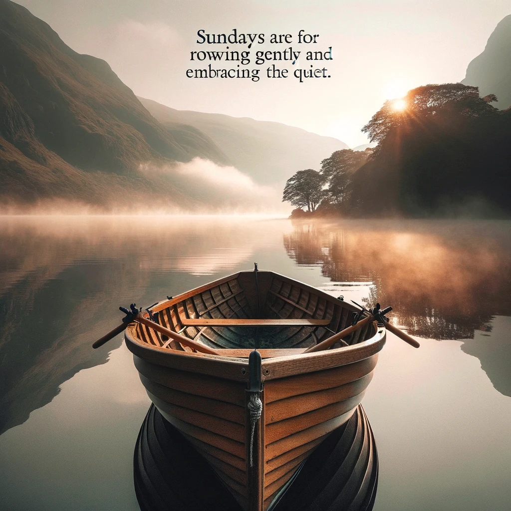 A tranquil image of a small wooden rowboat on a calm lake at dawn, with mist rising off the water. The caption reads: "Sundays are for rowing gently and embracing the quiet."
