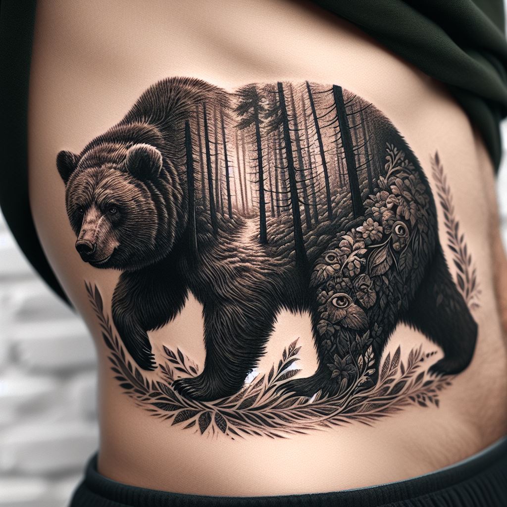 A tattoo that stretches from the ribs to the upper hip, featuring a bear in a dense forest landscape. The bear is positioned as if walking through thick underbrush, with detailed foliage and hidden animal eyes peering out. This design symbolizes the journey through life's challenges, with the bear's path representing resilience and determination.