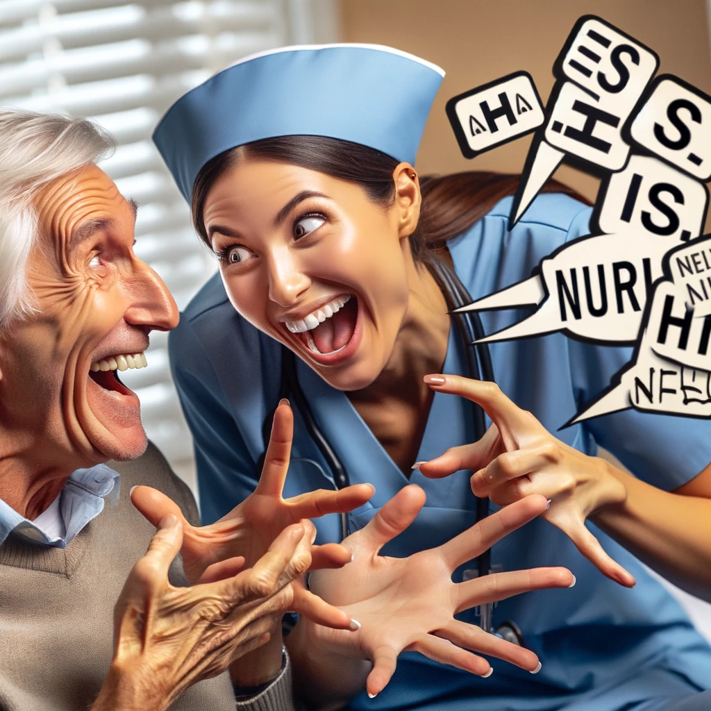 Capture two nurses in the foreground, laughing and communicating with each other using a series of exaggerated hand gestures and expressions that suggest they are deeply engrossed in a conversation filled with medical jargon. A patient in the background looks on, bewildered and confused by the incomprehensible exchange. The nurses' camaraderie and the patient's puzzlement should be evident. Include a caption at the bottom: "Speaking fluent nurse: A language of our own." The image should humorously depict the special bond and understanding shared among nursing staff, highlighted by their unique use of medical terminology.