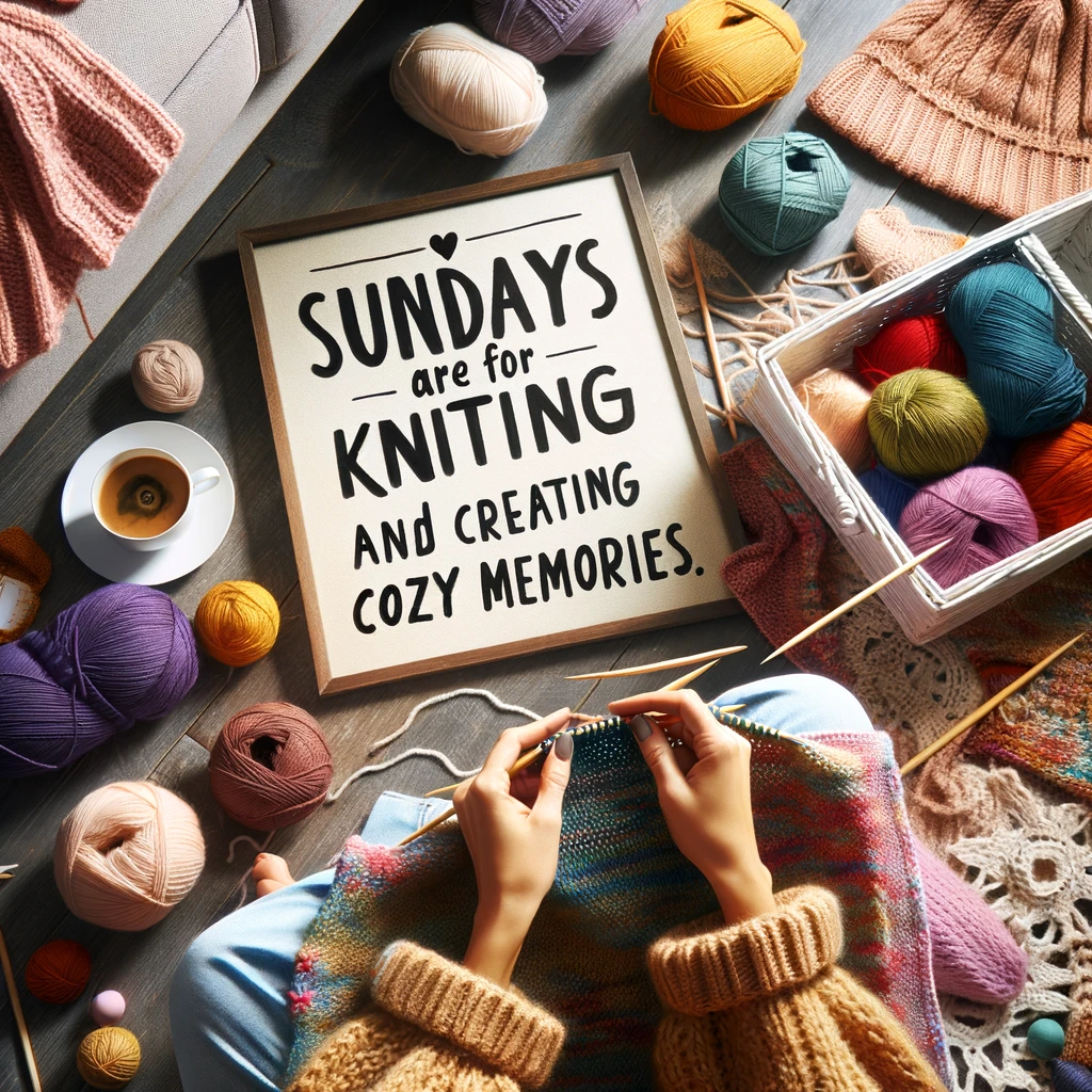 A cozy scene of a knitter surrounded by colorful yarns, working on a new project. The caption reads: "Sundays are for knitting and creating cozy memories."