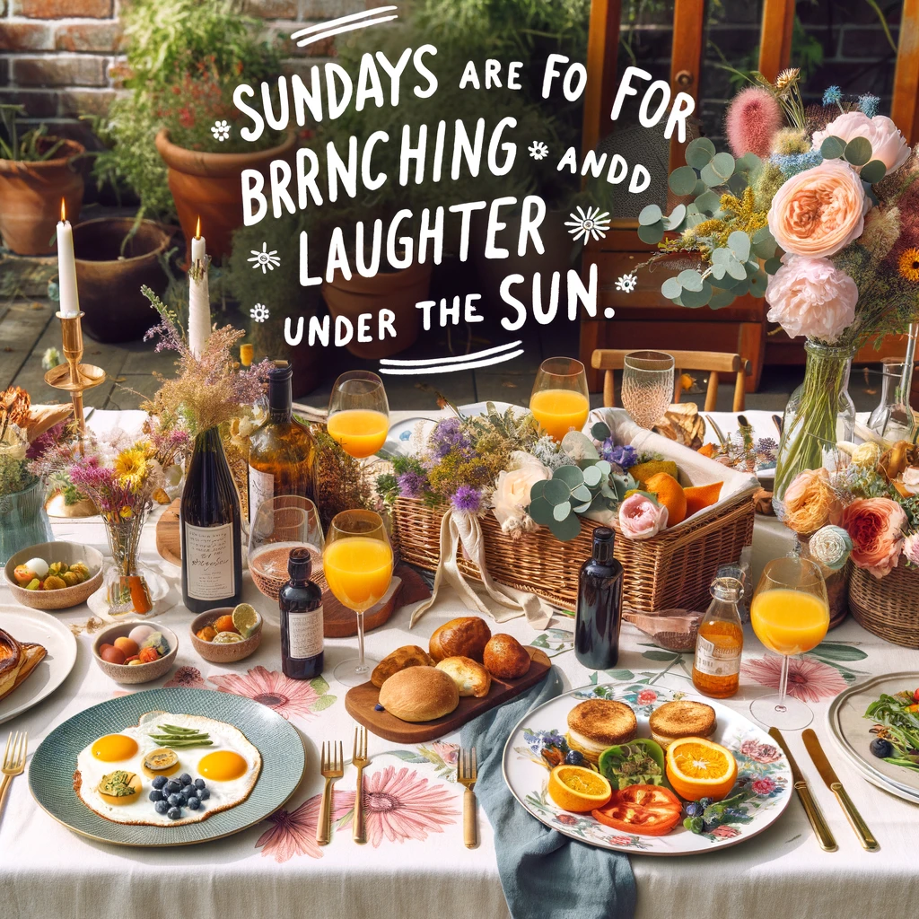 A festive image of a Sunday brunch table set outdoors, with a variety of foods and flowers. The caption reads: "Sundays are for brunching and laughter under the sun."