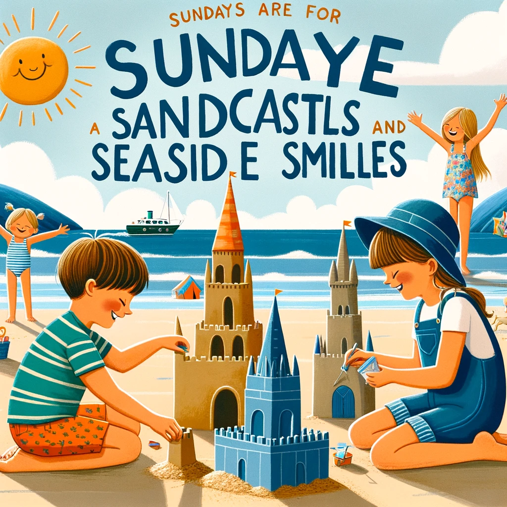 A playful image of a group of friends building a sandcastle on a sunny beach. The caption reads: "Sundays are for sandcastles and seaside smiles."