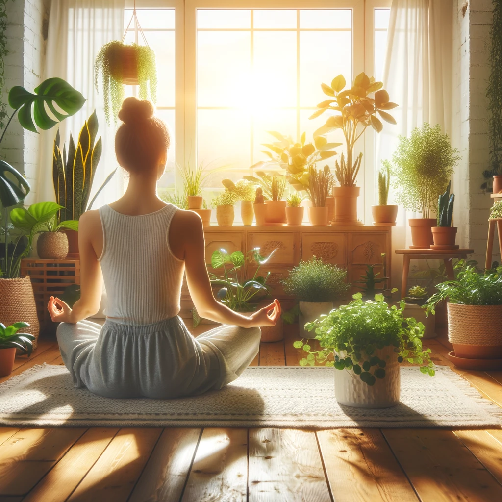 A soothing image of a person meditating in a sunlit room filled with plants. The caption reads: "Sundays are for mindfulness and growing your inner peace."