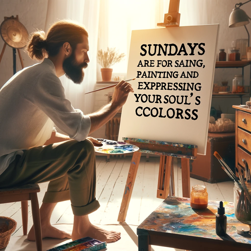 An image of a painter with a palette and brush in hand, working on a canvas in a sunny studio. The caption reads: "Sundays are for painting and expressing your soul's colors."