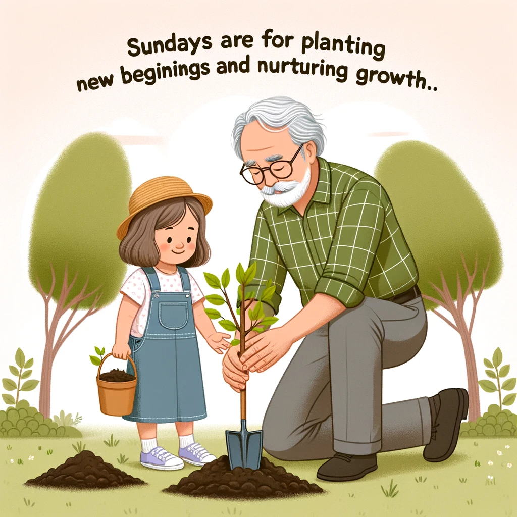 A heartwarming image of a grandparent and grandchild planting a tree together in the backyard. The caption reads: "Sundays are for planting new beginnings and nurturing growth."