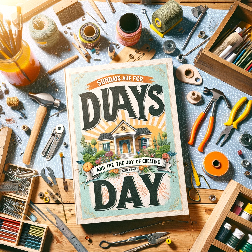 A lively image of a home DIY project in progress, with tools and materials spread out. The caption reads: "Sundays are for DIY projects and the joy of creating something new."