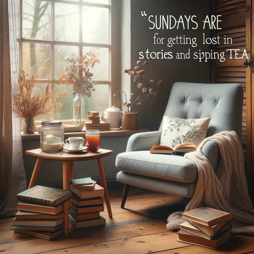 An image of a cozy reading nook by a window, with a soft chair, a pile of books, and a cup of tea. The caption reads: "Sundays are for getting lost in stories and sipping tea."