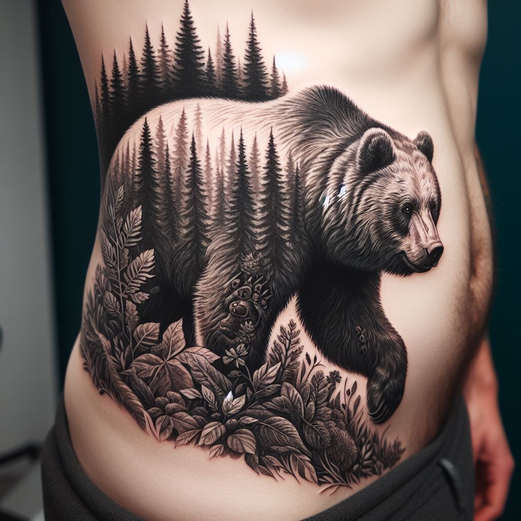 A tattoo that stretches from the ribs to the upper hip, featuring a bear in a dense forest landscape. The bear is positioned as if walking through thick underbrush, with detailed foliage and hidden animal eyes peering out. This design symbolizes the journey through life's challenges, with the bear's path representing resilience and determination.