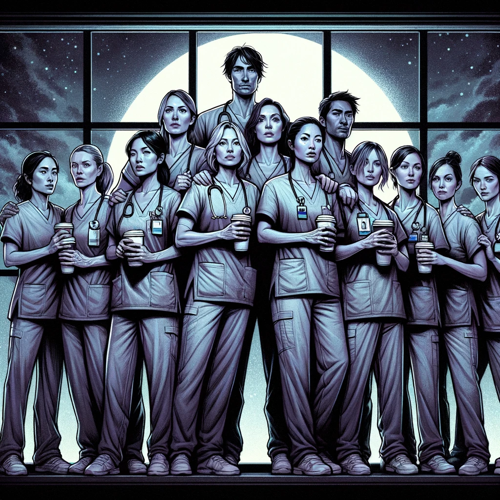 Illustrate a close-knit group of nurses, arms around each other, standing resiliently with coffee cups in hand. They are portrayed as a tight-knit squad, exuding an aura of determination and camaraderie against the backdrop of a dark night sky visible through a large window. Their faces reflect a mix of fatigue and resolve, highlighting the unique challenges and solidarity of the night shift. Include a caption at the bottom: "Night shift squad: Surviving on caffeine and teamwork." The image should evoke the sense of unity and strength found among night shift nurses, bonded together by their shared experiences.