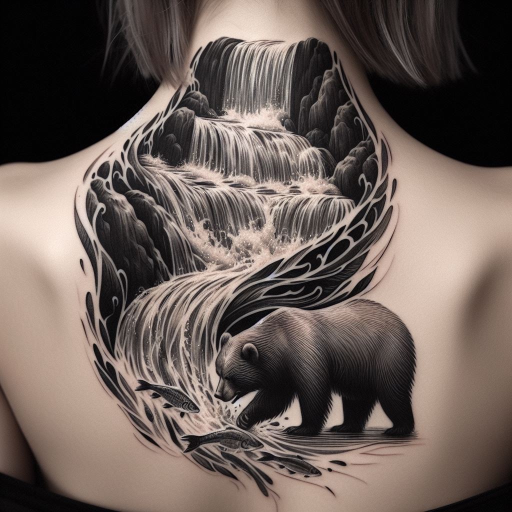 A cascading tattoo that begins at the nape of the neck and flows down to the lower back, depicting a waterfall with a bear at its base, catching fish. The water's movement is rendered with fine lines and shading, creating a sense of motion that's both calming and powerful. This tattoo represents adaptability and the ability to thrive in any environment.