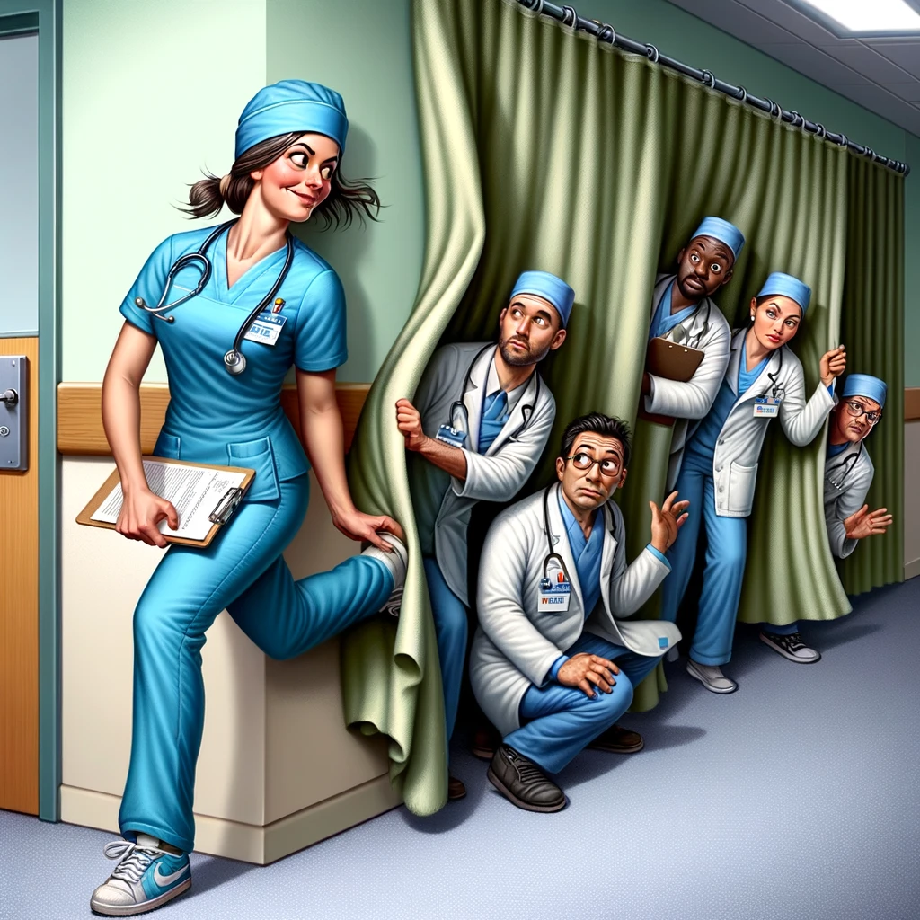 Depict a nurse in the act of swiftly ducking behind a curtain or slipping into another room, as a group of doctors with clipboards appear in the hallway, looking around for someone to consult. The nurse's expression should be a mix of amusement and stealth, capturing the humorous aspect of evading additional responsibilities or questions. The doctors' puzzled expressions indicate their confusion. Include a caption at the bottom: "Mastering the art of disappearing when you see doctors looking for answers." The image should playfully convey the nurse's clever tactics to remain undetected during critical moments.