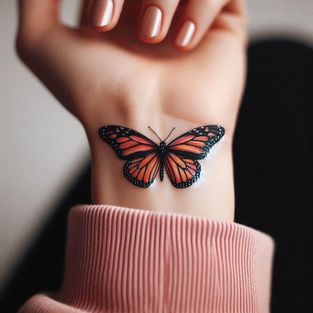 A delicate monarch butterfly tattoo perched on the wrist, its wings spread as if caught mid-flight, showcasing a spectrum of vibrant oranges and blacks.