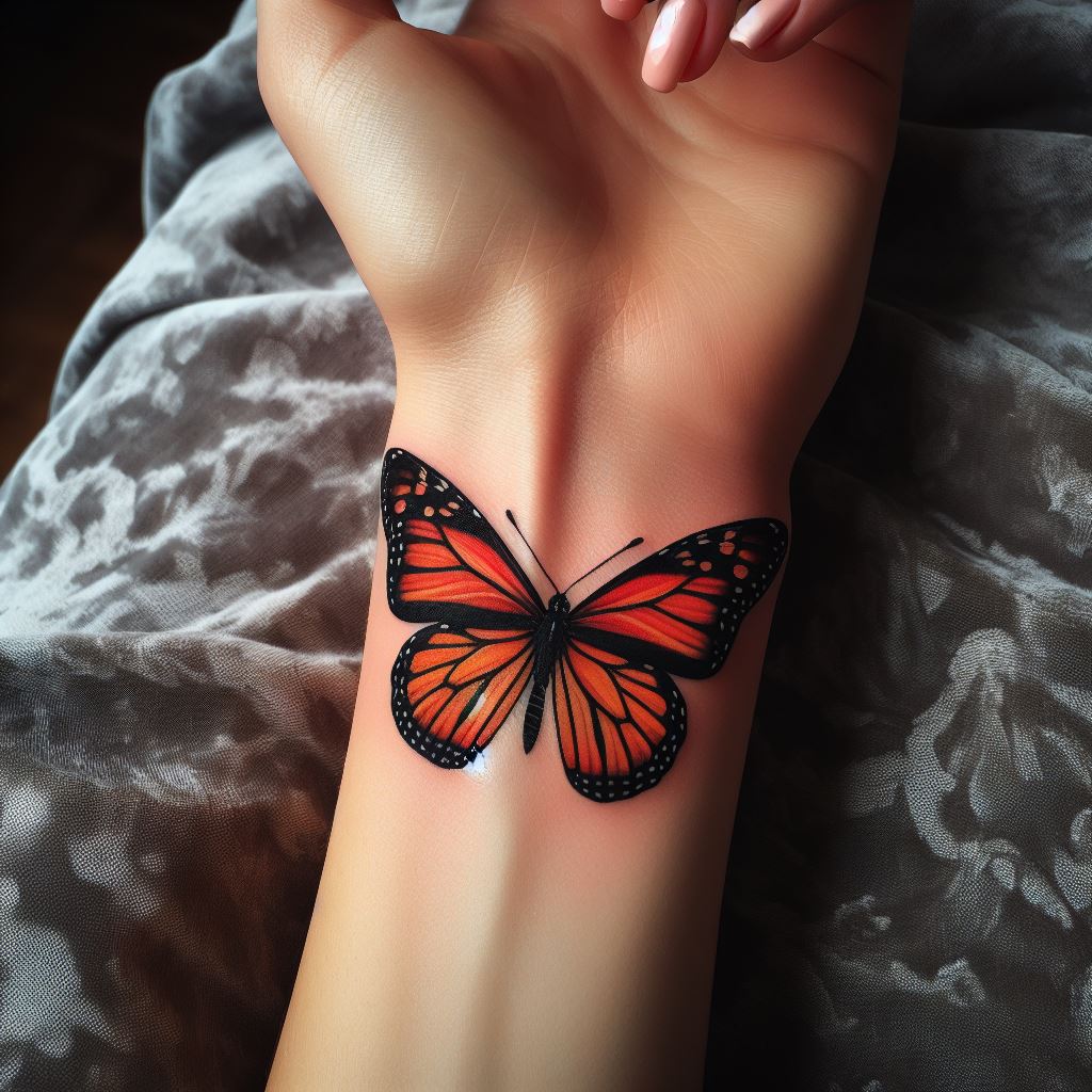 A delicate monarch butterfly tattoo perched on the wrist, its wings spread as if caught mid-flight, showcasing a spectrum of vibrant oranges and blacks.