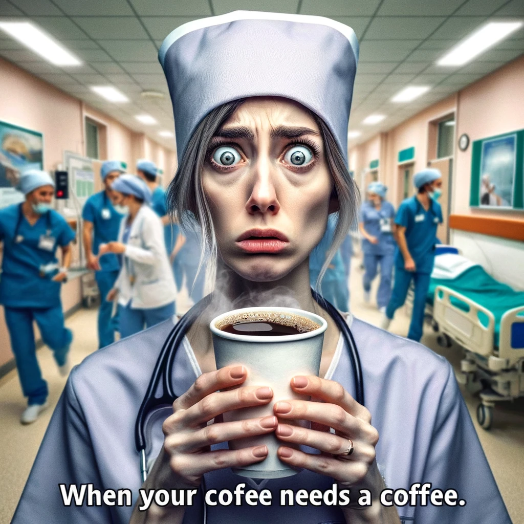 Imagine a nurse with eyes wide open, standing in a busy hospital ward that is just beginning to wake up. The nurse silently mouths the word "coffee" towards the camera, holding an empty coffee cup. The expression on their face is one of desperate need for caffeine. The background is a blur of activity, with other healthcare professionals and patients starting their day. The caption at the bottom reads, "When your coffee needs a coffee."