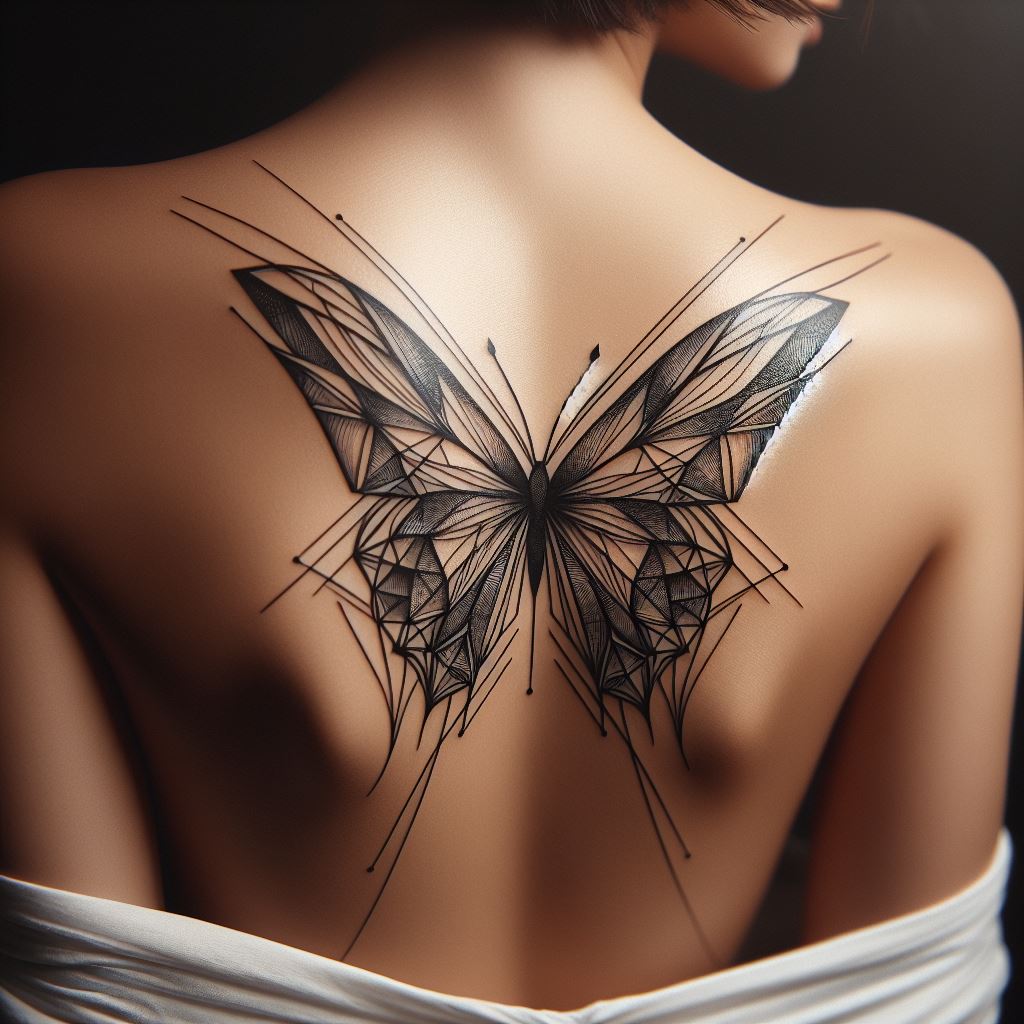 An intricate geometric butterfly tattoo positioned elegantly on the shoulder blade, combining sharp lines and soft curves to create a modern twist on a classic symbol.