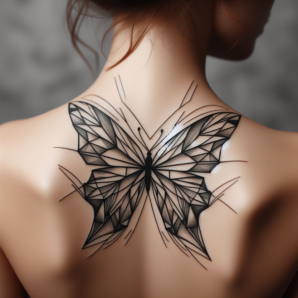 An intricate geometric butterfly tattoo positioned elegantly on the shoulder blade, combining sharp lines and soft curves to create a modern twist on a classic symbol.