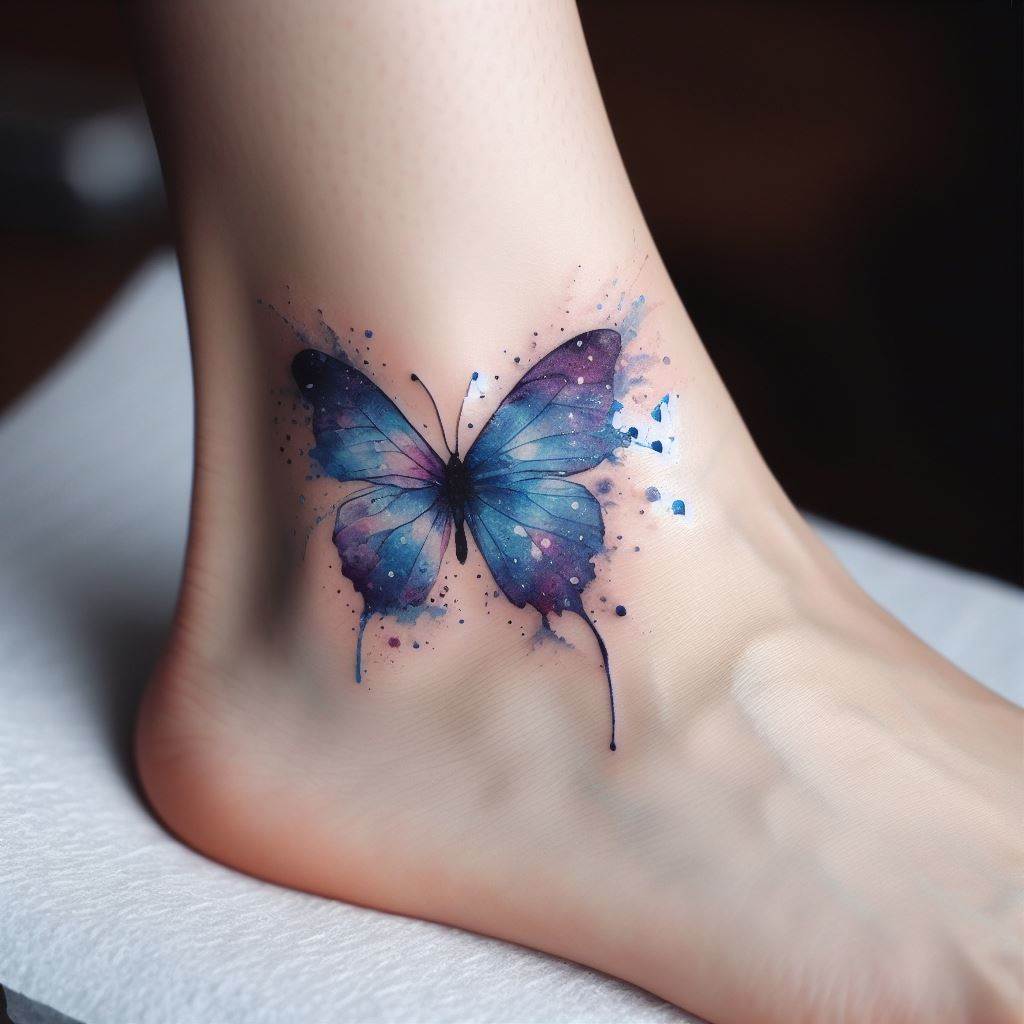 A small and subtle watercolor butterfly tattoo on the ankle, blending shades of blue and purple with splashes of color bleeding outside the lines for an ethereal effect.