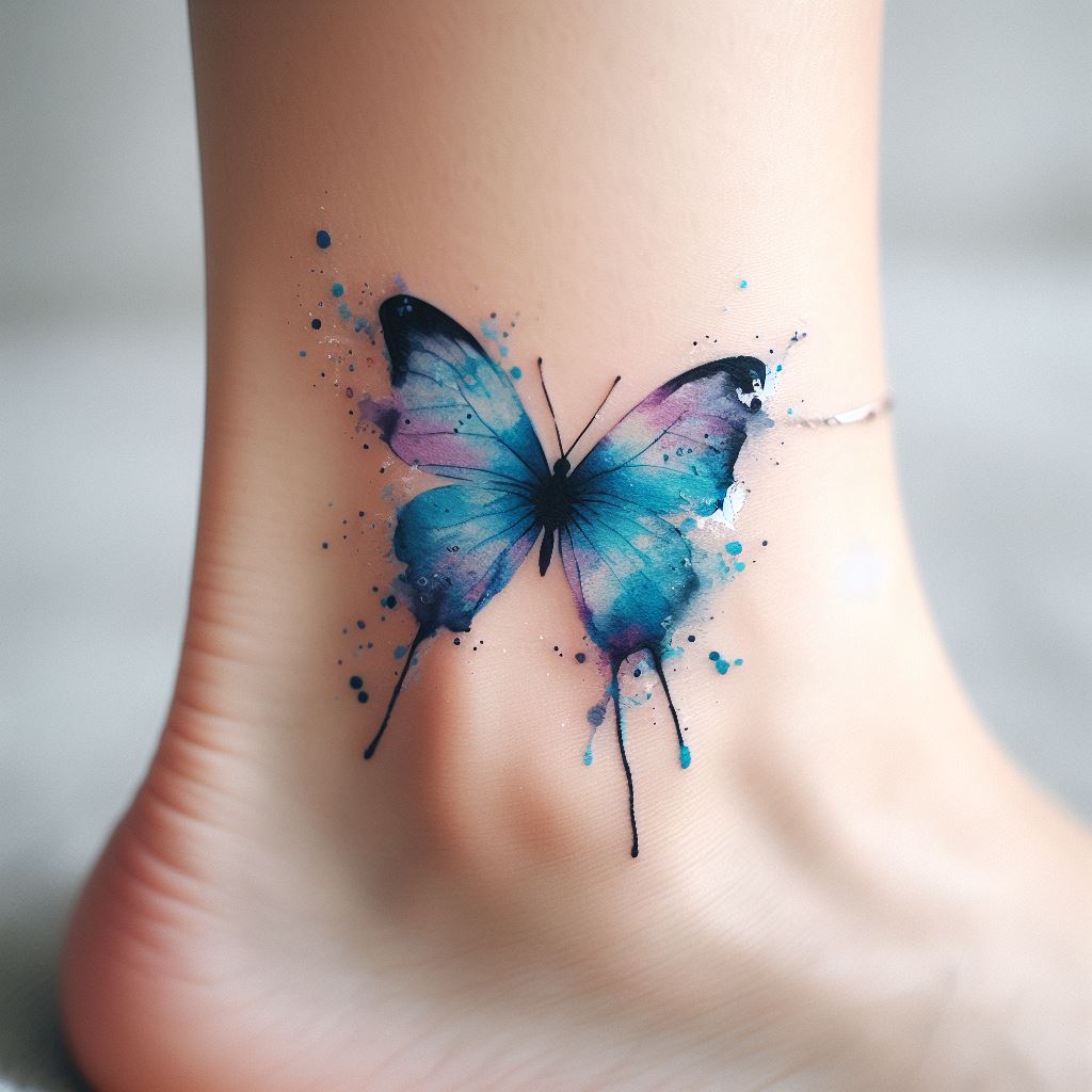 A small and subtle watercolor butterfly tattoo on the ankle, blending shades of blue and purple with splashes of color bleeding outside the lines for an ethereal effect.