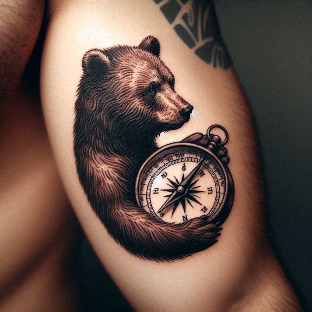 A tattoo on the inner bicep, showing a bear holding a compass, with the needle pointing north. The bear's expression is focused, symbolizing guidance, direction, and the pursuit of one's goals. The intimate placement on the inner bicep makes this tattoo a personal reminder to stay true to one's path.