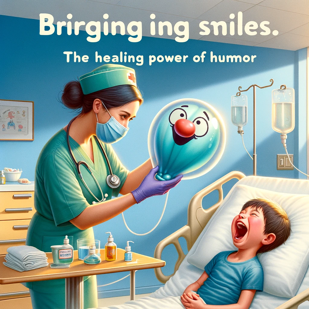 A humorous scene in a hospital setting where a nurse is blowing up a medical glove like a balloon, then drawing a funny face on it and presenting it to a child patient who is laughing, momentarily forgetting their surroundings. The environment should be bright and cheerful, emphasizing the healing power of humor in a healthcare setting. Caption at the bottom reads: "Bringing smiles with glove balloons: The healing power of humor."