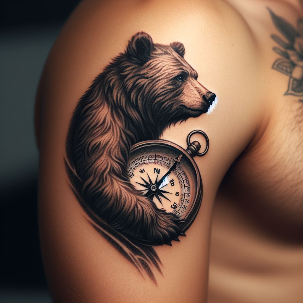 A tattoo on the inner bicep, showing a bear holding a compass, with the needle pointing north. The bear's expression is focused, symbolizing guidance, direction, and the pursuit of one's goals. The intimate placement on the inner bicep makes this tattoo a personal reminder to stay true to one's path.