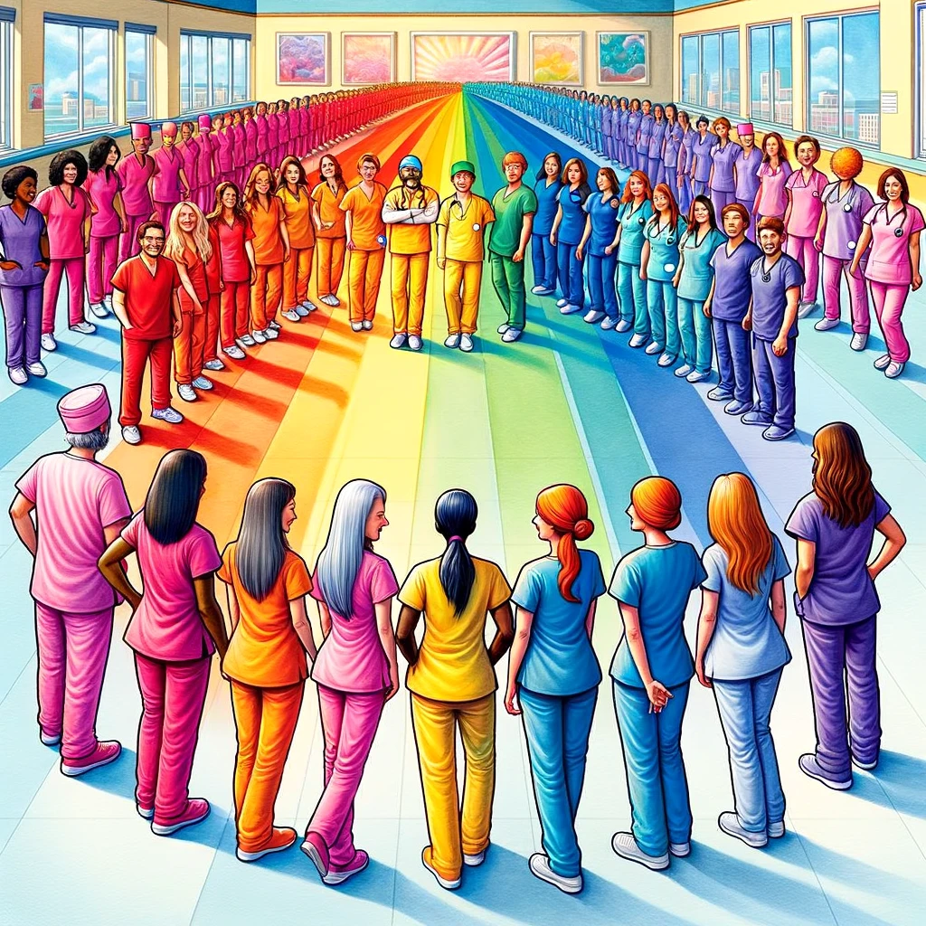 A vibrant and colorful scene depicting nurses standing in a line, each wearing a different color scrub to form a human rainbow. They each pose in a manner that reflects their unique personalities, in a friendly and light-hearted hospital environment. The scene radiates positivity and diversity among healthcare workers. Caption at the bottom reads: "Scrub hues: What's your color today?"