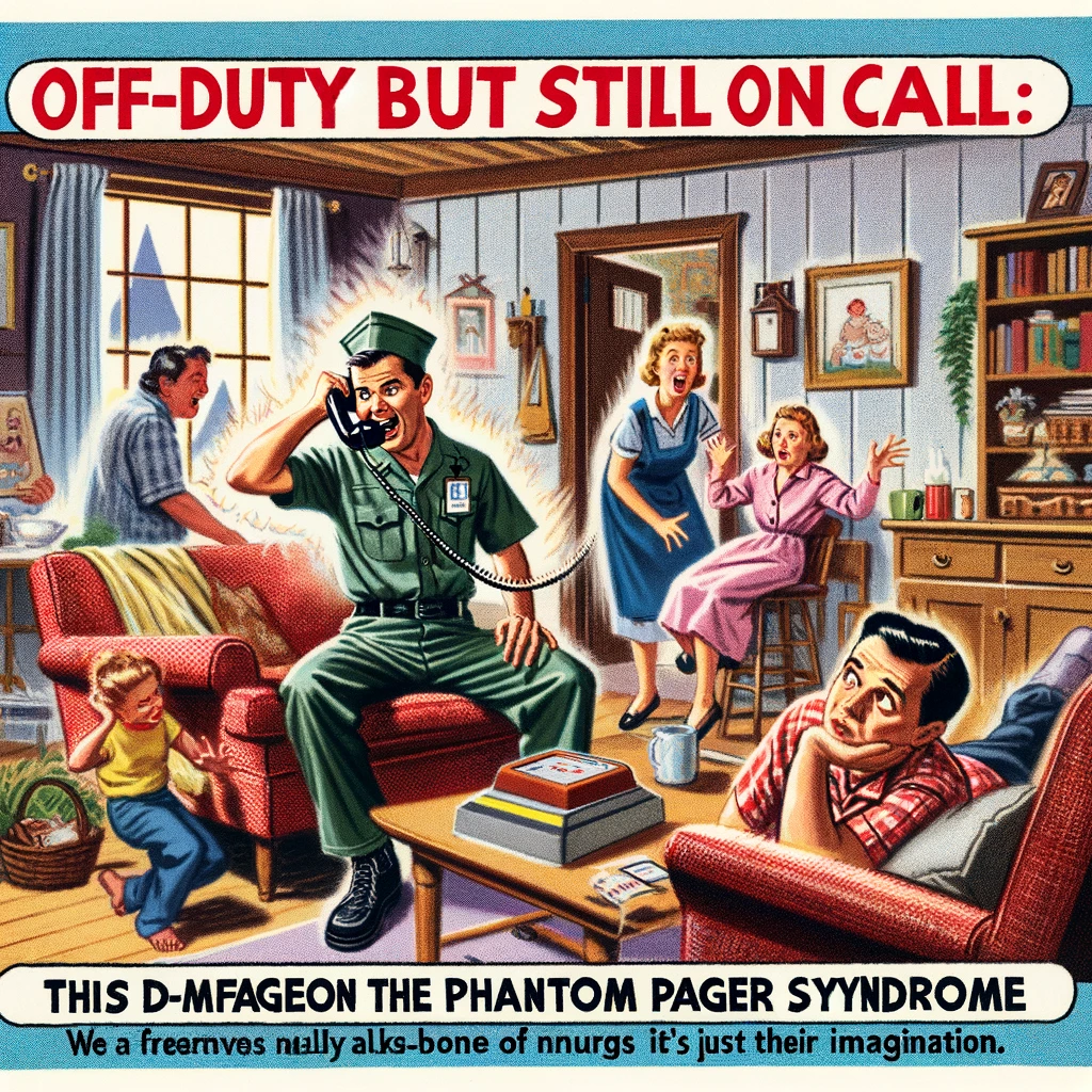 A comedic scene in a cozy home setting where a nurse suddenly jumps up from a relaxing position, thinking they've heard their pager or call bell. The family around looks on in confusion as the nurse realizes it's just their imagination. This scene humorously depicts the never truly off-duty nature of nursing. Caption at the bottom reads: "Off-duty but still on call: The phantom pager syndrome."