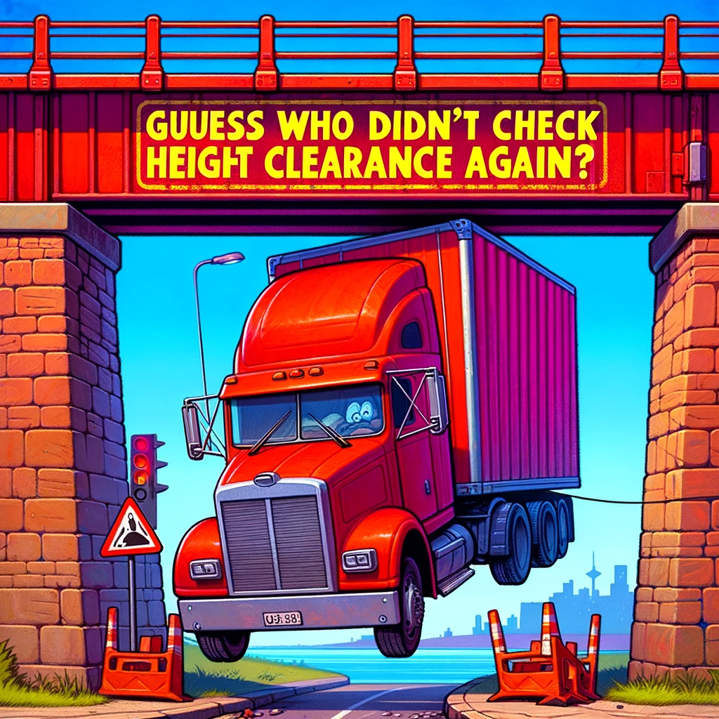 A cartoonish, vibrant image of a big red truck stuck under a low bridge. The caption reads, "Guess who didn't check the height clearance again?"