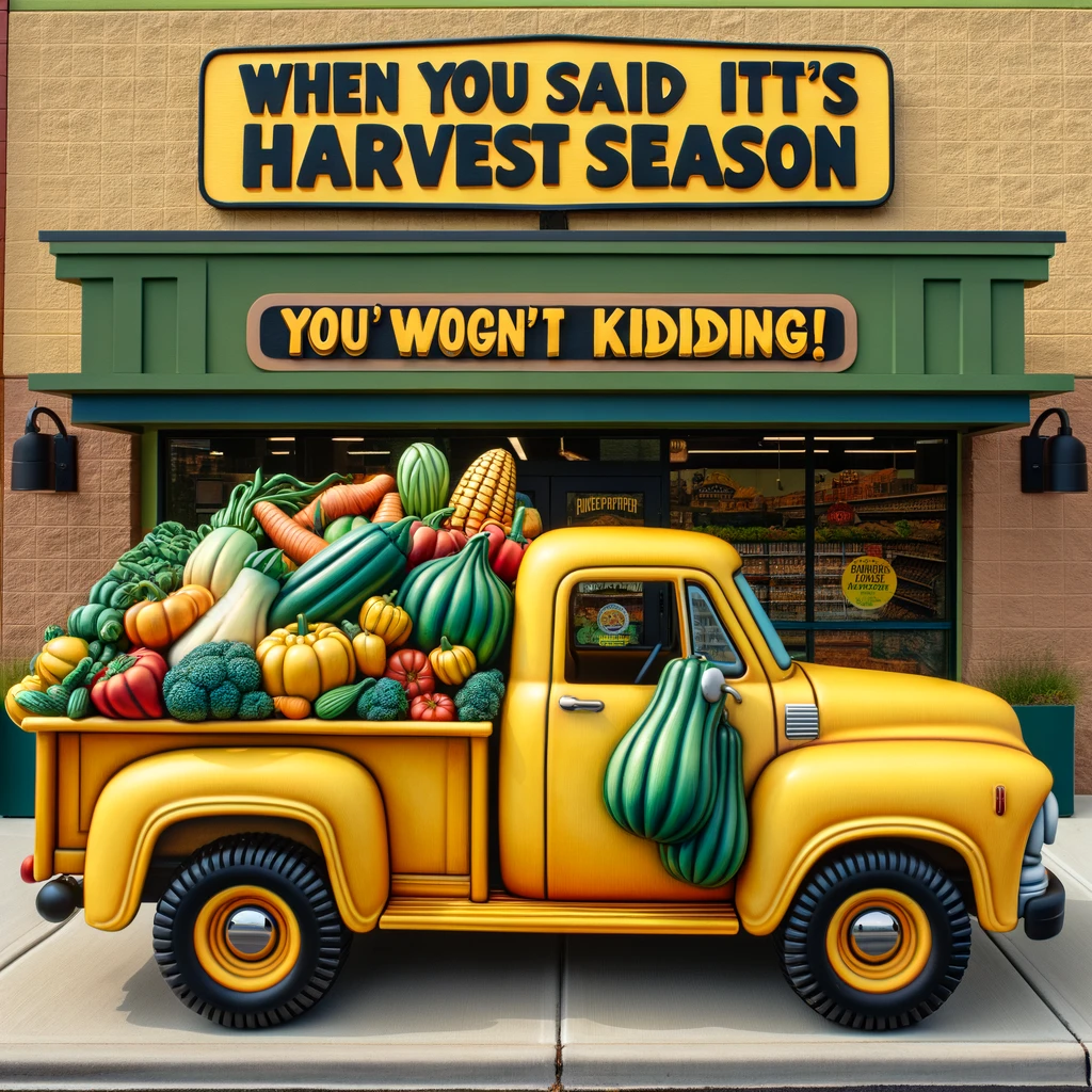 A humorous, playful illustration of a small yellow pickup truck overflowing with oversized vegetables, parked outside a grocery store. The caption reads, "When you said it's harvest season, you weren't kidding!"