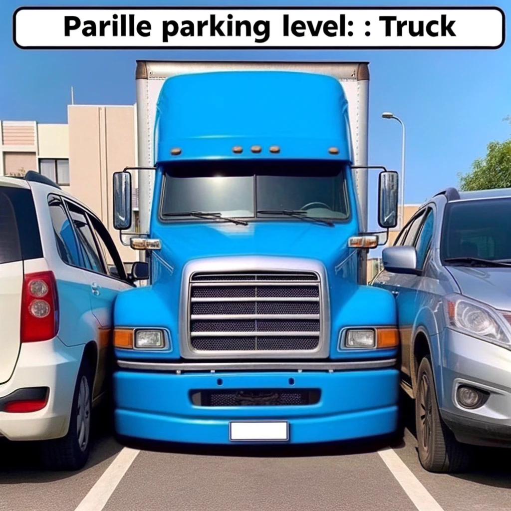 A funny image of a blue truck trying to parallel park between two cars, but it's comically oversized and clearly won't fit. The caption reads, "Parallel parking level: Truck"