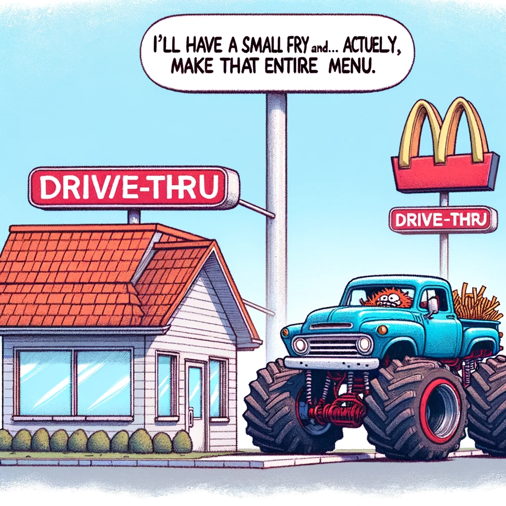 A whimsical image of a monster truck at a drive-thru, towering over the restaurant. The caption reads, "I'll have a small fry and... actually, make that the entire menu."